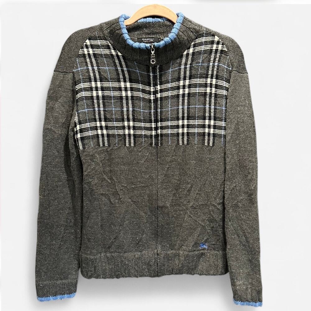 Burberry Black Label Wool Quarter Zip Sweater Plaid Panel Size Small - Picture 2 of 8
